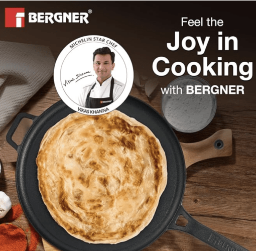 BERGNER Eco Cast Iron 28cm Dosa Tawa, for Healthy Cooking, Pre-Seasoned, Even Heat Distributor, Retains Heat to Enhance Flavor, Durable, Comes with Silicone Sleeve, Induction Bottom, Gas Stove Ready - Image 2